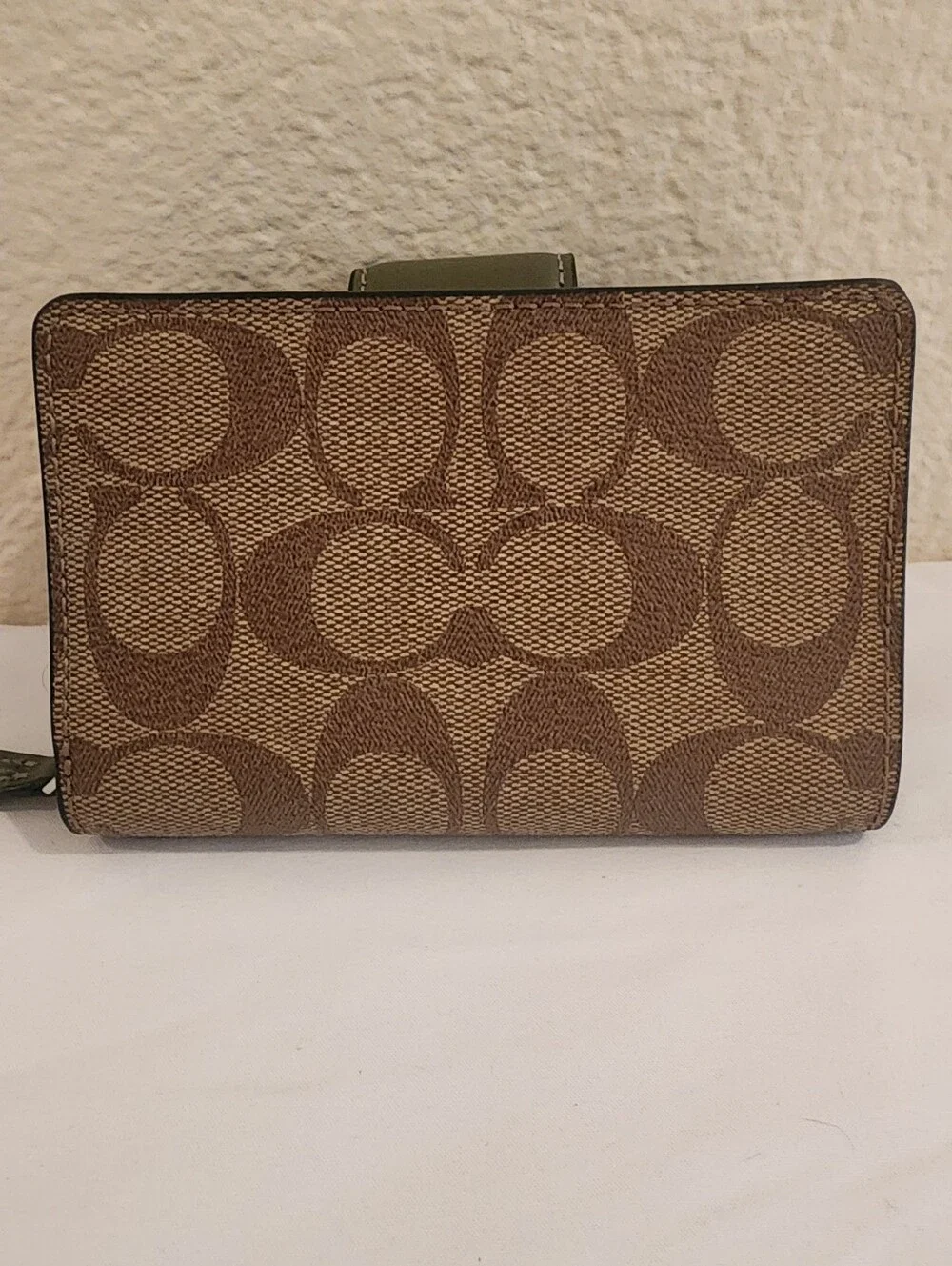Coach Medium Corner Zip Wallet in Signature Canvas with Sage Leather Trim